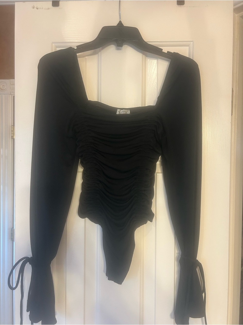 Free People Black Ruched Square-Neck Long Sleeve Bodysuit with Tie Cuffs